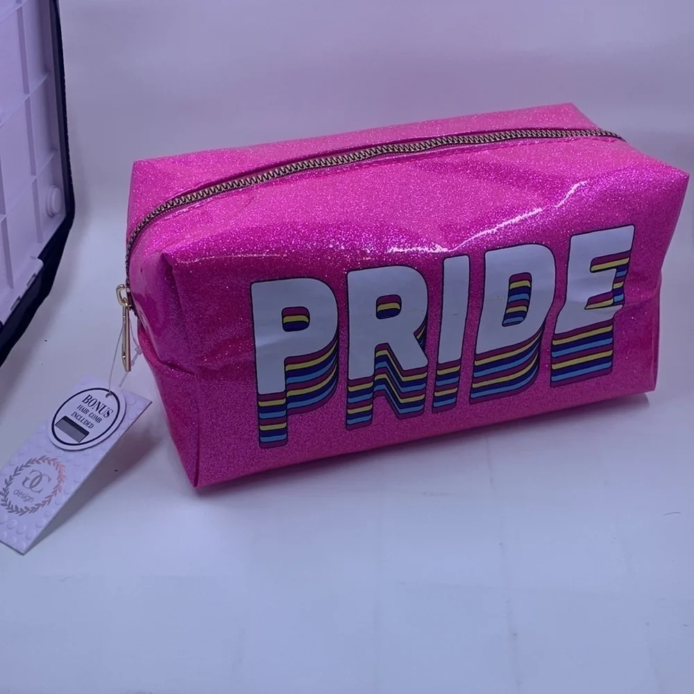 Colorful Pink Glitter Pride Zipper Carry Case Organizer Travel Cosmetic Pouch